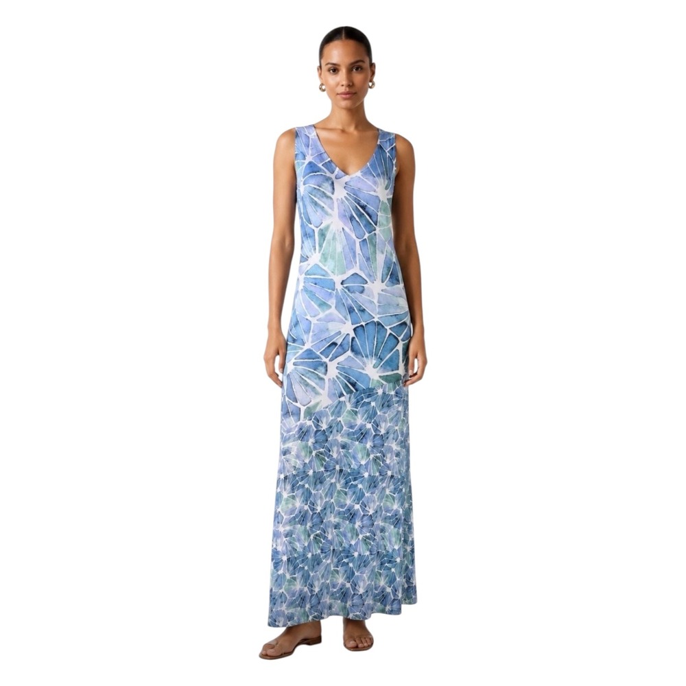 Soft Surroundings Blue Watercolor Mosaic Maxi Dress V-Neck Sleeveless  Medium